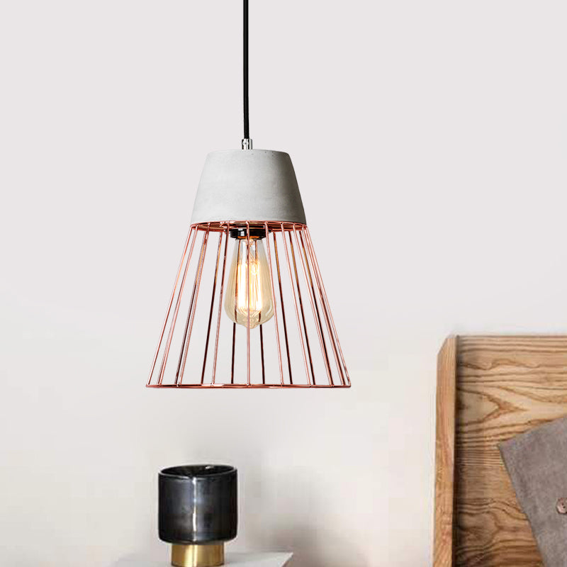 1 Light Conic Cage Ceiling Light Antiqued Black/Rose Gold Iron Pendant Lamp Fixture with Cement Top Clearhalo 'Art Deco Pendants' 'Black' 'Cast Iron' 'Ceiling Lights' 'Ceramic' 'Crystal' 'Industrial Pendants' 'Industrial' 'Metal' 'Middle Century Pendants' 'Pendant Lights' 'Pendants' 'Rustic Pendants' 'Tiffany' Lighting' 737729