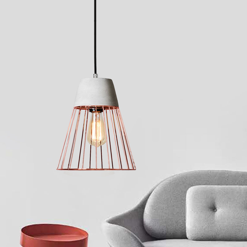 1 Light Conic Cage Ceiling Light Antiqued Black/Rose Gold Iron Pendant Lamp Fixture with Cement Top Clearhalo 'Art Deco Pendants' 'Black' 'Cast Iron' 'Ceiling Lights' 'Ceramic' 'Crystal' 'Industrial Pendants' 'Industrial' 'Metal' 'Middle Century Pendants' 'Pendant Lights' 'Pendants' 'Rustic Pendants' 'Tiffany' Lighting' 737730
