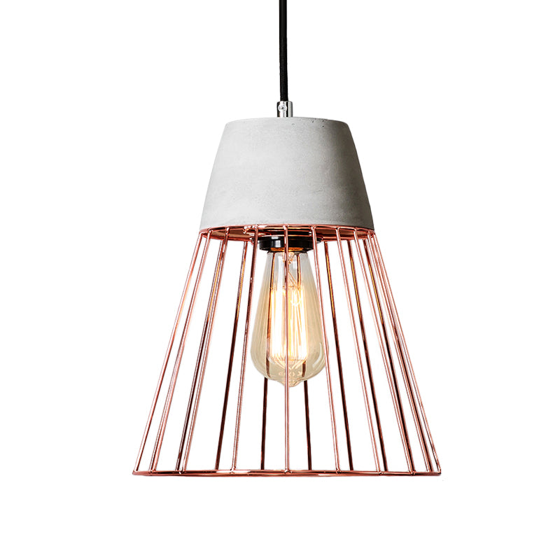 1 Light Conic Cage Ceiling Light Antiqued Black/Rose Gold Iron Pendant Lamp Fixture with Cement Top Clearhalo 'Art Deco Pendants' 'Black' 'Cast Iron' 'Ceiling Lights' 'Ceramic' 'Crystal' 'Industrial Pendants' 'Industrial' 'Metal' 'Middle Century Pendants' 'Pendant Lights' 'Pendants' 'Rustic Pendants' 'Tiffany' Lighting' 737731