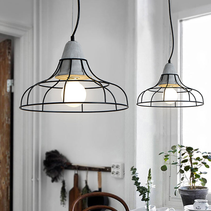 Industrial Cylinder/Dome/Arc Cage Pendant 1 Bulb Iron Hanging Light Kit in Black with Cement Cap Clearhalo 'Art Deco Pendants' 'Black' 'Cast Iron' 'Ceiling Lights' 'Ceramic' 'Crystal' 'Industrial Pendants' 'Industrial' 'Metal' 'Middle Century Pendants' 'Pendant Lights' 'Pendants' 'Rustic Pendants' 'Tiffany' Lighting' 737738