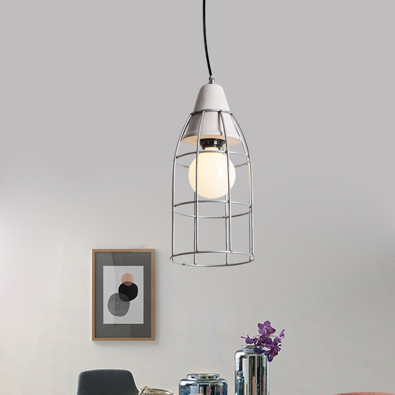 1 Head Iron Pendant Light Fixture Industrial Silver Cylinder/Dome/Arc Cage Coffee House Cement Ceiling Lamp Clearhalo 'Art Deco Pendants' 'Cast Iron' 'Ceiling Lights' 'Ceramic' 'Crystal' 'Industrial Pendants' 'Industrial' 'Metal' 'Middle Century Pendants' 'Pendant Lights' 'Pendants' 'Tiffany' Lighting' 737756