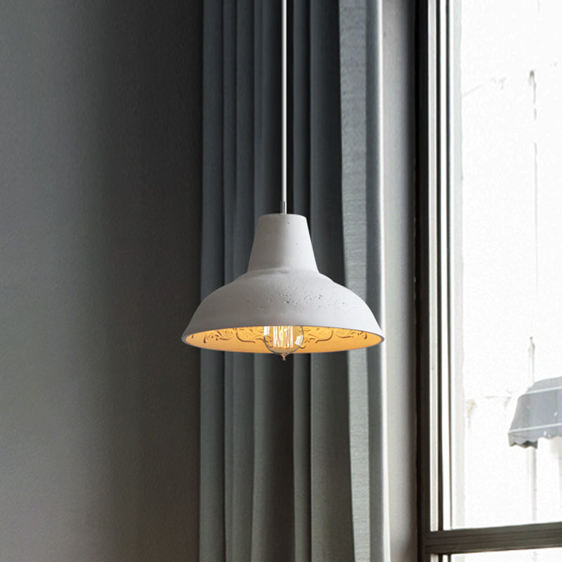 Cement Bowl Hanging Light Fixture Vintage 1 Light Restaurant Ceiling Lamp in White/Grey with Carved Inside Clearhalo 'Ceiling Lights' 'Industrial Pendants' 'Industrial' 'Middle Century Pendants' 'Pendant Lights' 'Pendants' 'Tiffany' Lighting' 737812