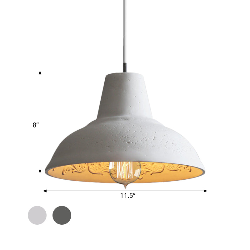Cement Bowl Hanging Light Fixture Vintage 1 Light Restaurant Ceiling Lamp in White/Grey with Carved Inside Clearhalo 'Ceiling Lights' 'Industrial Pendants' 'Industrial' 'Middle Century Pendants' 'Pendant Lights' 'Pendants' 'Tiffany' Lighting' 737814