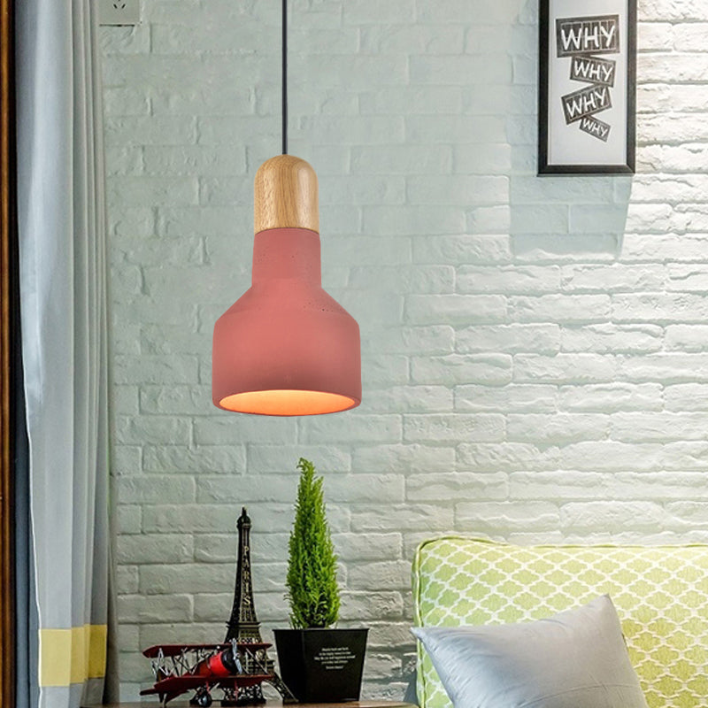 1-Bulb Jar Shape Pendant Light Kit Industrial Grey/Red/Blue Cement Hanging Ceiling Lamp with Wood Top Clearhalo 'Ceiling Lights' 'Industrial Pendants' 'Industrial' 'Middle Century Pendants' 'Pendant Lights' 'Pendants' 'Tiffany' Lighting' 737972