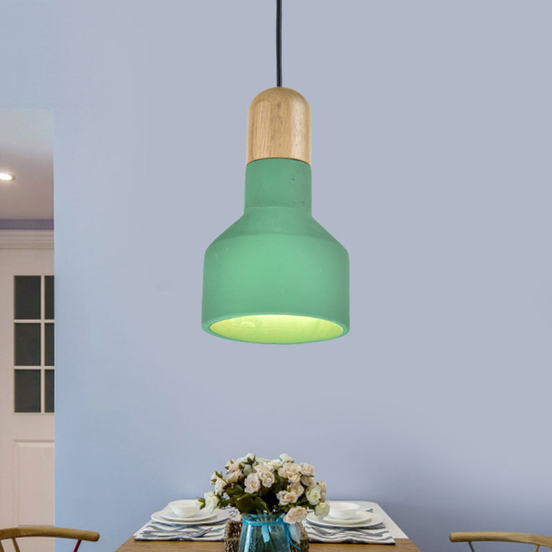 1-Bulb Jar Shape Pendant Light Kit Industrial Grey/Red/Blue Cement Hanging Ceiling Lamp with Wood Top Green Clearhalo 'Ceiling Lights' 'Industrial Pendants' 'Industrial' 'Middle Century Pendants' 'Pendant Lights' 'Pendants' 'Tiffany' Lighting' 737975