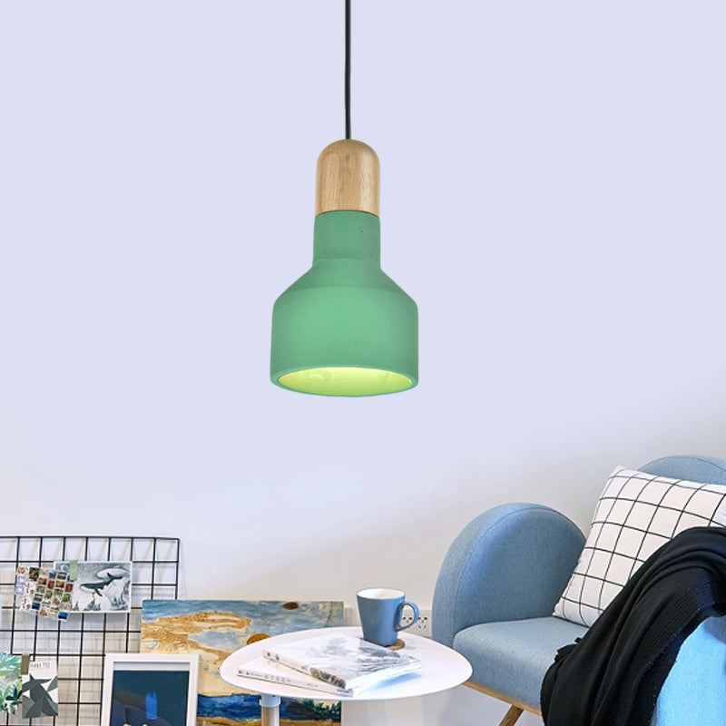 1-Bulb Jar Shape Pendant Light Kit Industrial Grey/Red/Blue Cement Hanging Ceiling Lamp with Wood Top Clearhalo 'Ceiling Lights' 'Industrial Pendants' 'Industrial' 'Middle Century Pendants' 'Pendant Lights' 'Pendants' 'Tiffany' Lighting' 737976