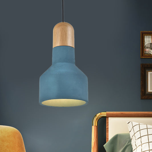 1-Bulb Jar Shape Pendant Light Kit Industrial Grey/Red/Blue Cement Hanging Ceiling Lamp with Wood Top Blue Clearhalo 'Ceiling Lights' 'Industrial Pendants' 'Industrial' 'Middle Century Pendants' 'Pendant Lights' 'Pendants' 'Tiffany' Lighting' 737979