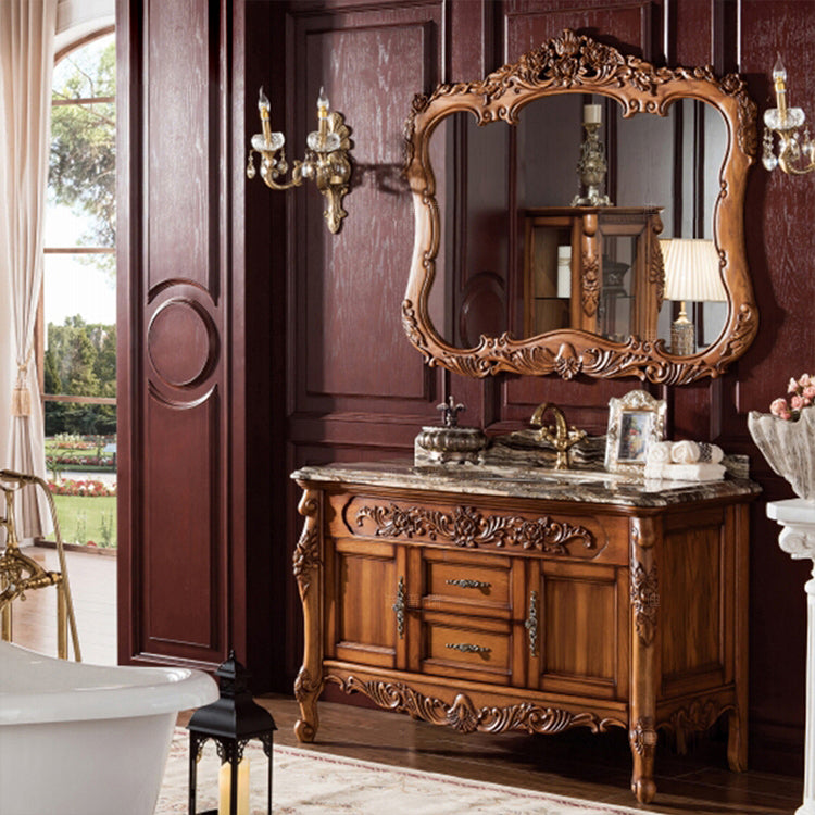 Wood Frame Vanity Drawers Freestanding Mirror Single Sink Rectangular Vanity with 2 Doors Clearhalo 'Bathroom Remodel & Bathroom Fixtures' 'Bathroom Vanities' 'bathroom_vanities' 'Home Improvement' 'home_improvement' 'home_improvement_bathroom_vanities' 7379893