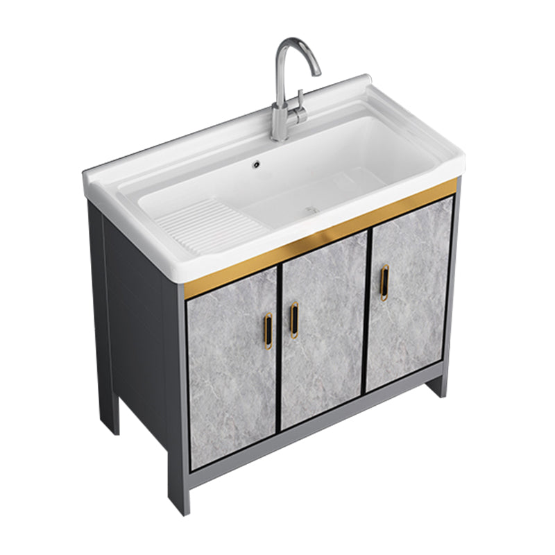 Bath Vanity Single Sink Metal Frame Grey Rectangular 2 Doors Freestanding Vanity Vanity & Faucet 35.8"L x 18.9"W x 32.7"H Clearhalo 'Bathroom Remodel & Bathroom Fixtures' 'Bathroom Vanities' 'bathroom_vanities' 'Home Improvement' 'home_improvement' 'home_improvement_bathroom_vanities' 7379930
