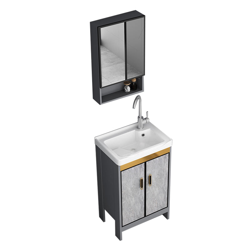 Bath Vanity Single Sink Metal Frame Grey Rectangular 2 Doors Freestanding Vanity Vanity & Faucet & Mirror Cabinet 20"L x 14"W x 33"H Clearhalo 'Bathroom Remodel & Bathroom Fixtures' 'Bathroom Vanities' 'bathroom_vanities' 'Home Improvement' 'home_improvement' 'home_improvement_bathroom_vanities' 7379932