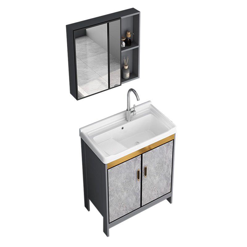 Bath Vanity Single Sink Metal Frame Grey Rectangular 2 Doors Freestanding Vanity Vanity & Faucet & Mirror Cabinet 24"L x 18.9"W x 32.7"H Clearhalo 'Bathroom Remodel & Bathroom Fixtures' 'Bathroom Vanities' 'bathroom_vanities' 'Home Improvement' 'home_improvement' 'home_improvement_bathroom_vanities' 7379933