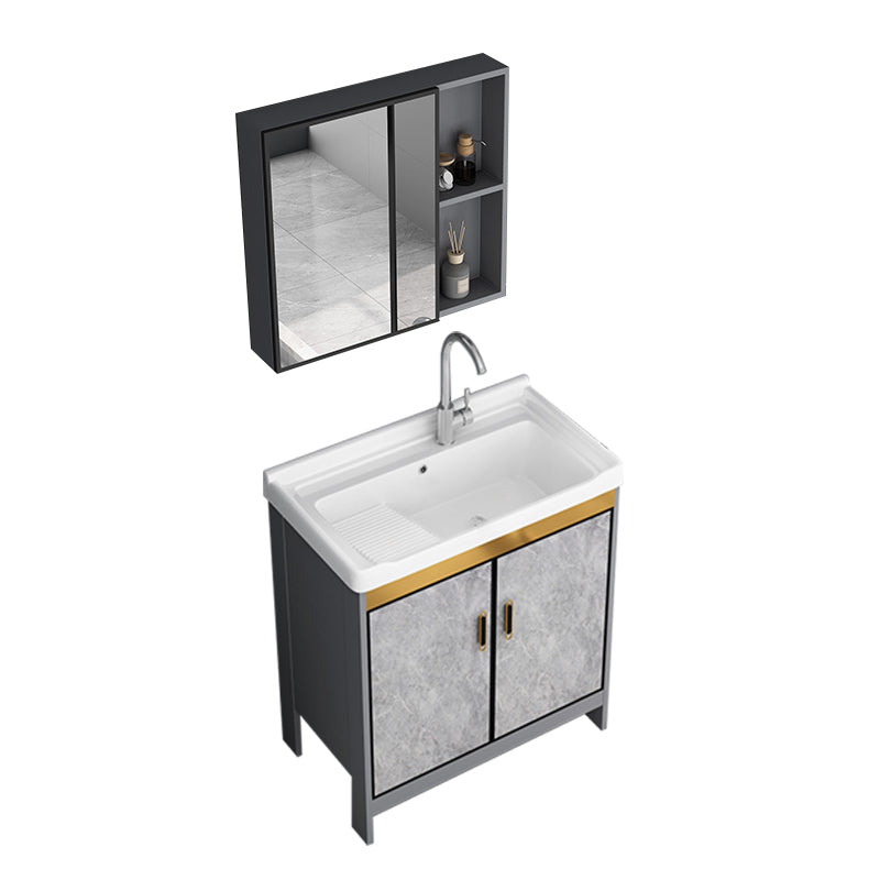 Bath Vanity Single Sink Metal Frame Grey Rectangular 2 Doors Freestanding Vanity Vanity & Faucet & Mirror Cabinet 28"L x 18.9"W x 32.7"H Clearhalo 'Bathroom Remodel & Bathroom Fixtures' 'Bathroom Vanities' 'bathroom_vanities' 'Home Improvement' 'home_improvement' 'home_improvement_bathroom_vanities' 7379934