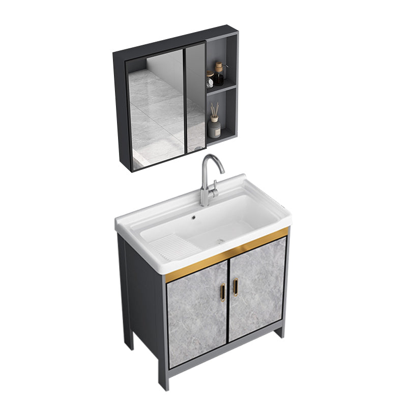 Bath Vanity Single Sink Metal Frame Grey Rectangular 2 Doors Freestanding Vanity Vanity & Faucet & Mirror Cabinet 31.9"L x 18.9"W x 32.7"H Clearhalo 'Bathroom Remodel & Bathroom Fixtures' 'Bathroom Vanities' 'bathroom_vanities' 'Home Improvement' 'home_improvement' 'home_improvement_bathroom_vanities' 7379935