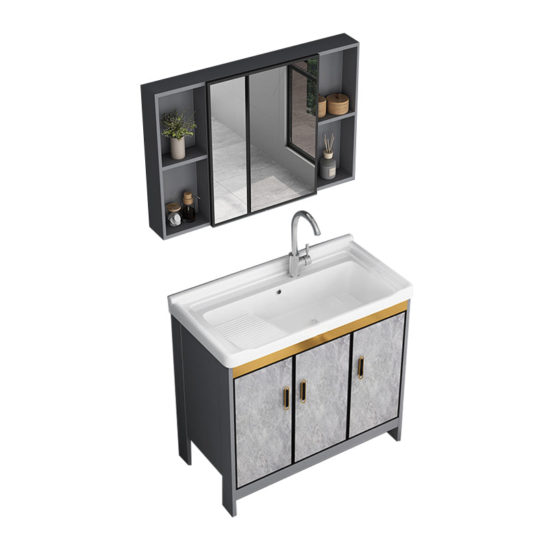 Bath Vanity Single Sink Metal Frame Grey Rectangular 2 Doors Freestanding Vanity Vanity & Faucet & Mirror Cabinet 35.8"L x 18.9"W x 32.7"H Clearhalo 'Bathroom Remodel & Bathroom Fixtures' 'Bathroom Vanities' 'bathroom_vanities' 'Home Improvement' 'home_improvement' 'home_improvement_bathroom_vanities' 7379936
