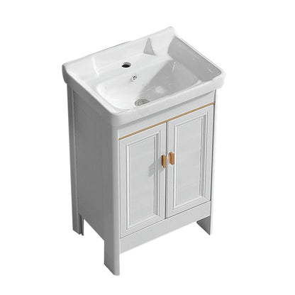 White Freestanding Vanity Rectangular 2 Doors Metal Frame Mirror Single Sink Vanity Bathroom Vanity 20"L x 14"W x 33"H Clearhalo 'Bathroom Remodel & Bathroom Fixtures' 'Bathroom Vanities' 'bathroom_vanities' 'Home Improvement' 'home_improvement' 'home_improvement_bathroom_vanities' 7379957