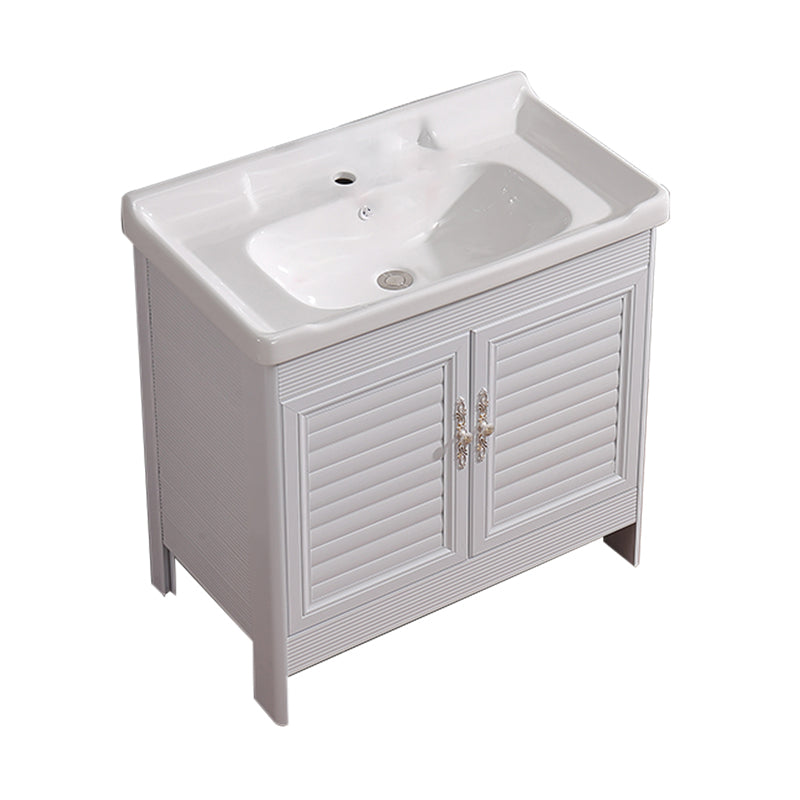 White Freestanding Vanity Rectangular 2 Doors Metal Frame Mirror Single Sink Vanity Bathroom Vanity Clearhalo 'Bathroom Remodel & Bathroom Fixtures' 'Bathroom Vanities' 'bathroom_vanities' 'Home Improvement' 'home_improvement' 'home_improvement_bathroom_vanities' 7379959