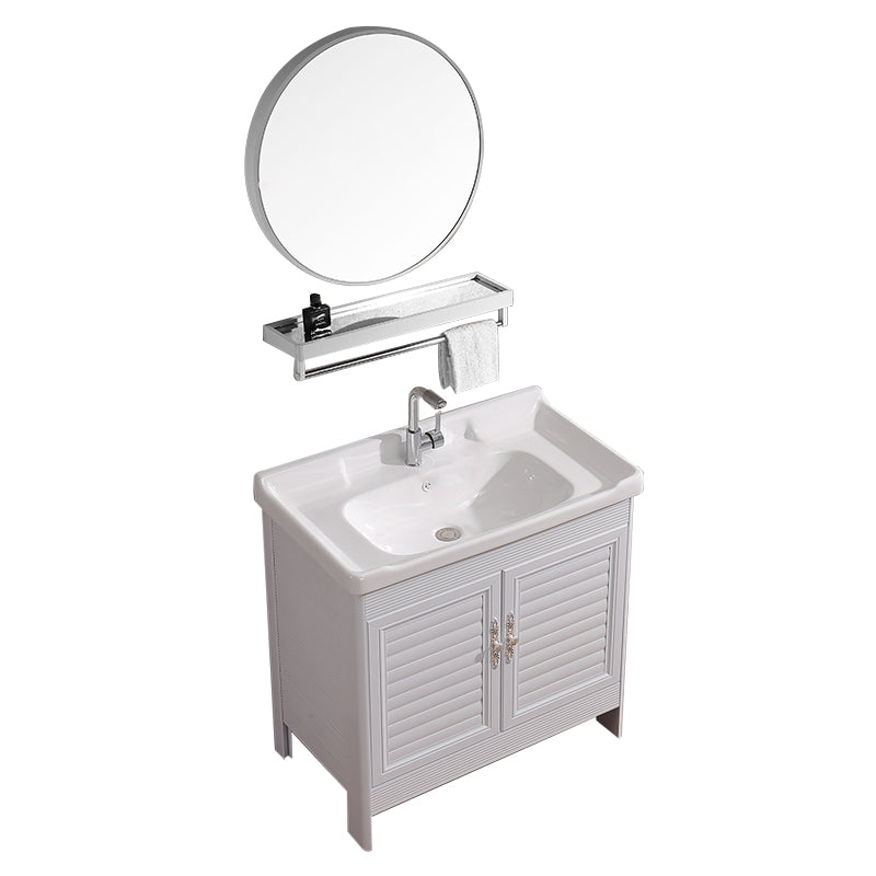 White Freestanding Vanity Rectangular 2 Doors Metal Frame Mirror Single Sink Vanity Vanity & Faucet & Mirrors Clearhalo 'Bathroom Remodel & Bathroom Fixtures' 'Bathroom Vanities' 'bathroom_vanities' 'Home Improvement' 'home_improvement' 'home_improvement_bathroom_vanities' 7379960