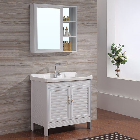 White Freestanding Vanity Rectangular 2 Doors Metal Frame Mirror Single Sink Vanity Clearhalo 'Bathroom Remodel & Bathroom Fixtures' 'Bathroom Vanities' 'bathroom_vanities' 'Home Improvement' 'home_improvement' 'home_improvement_bathroom_vanities' 7379961