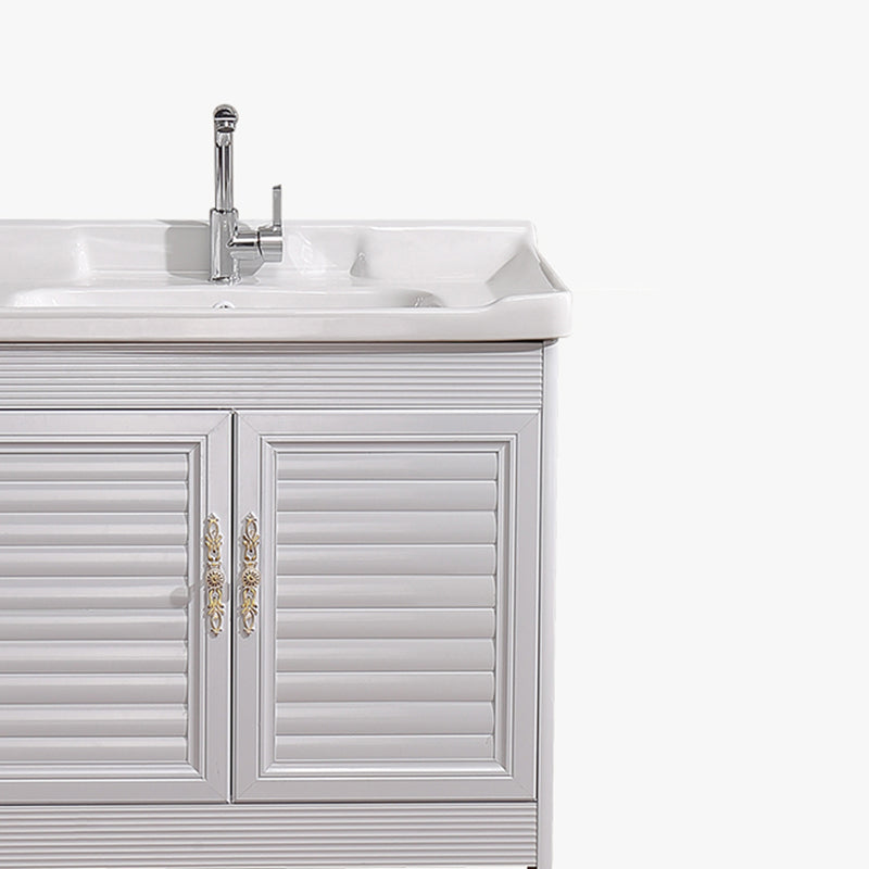 White Freestanding Vanity Rectangular 2 Doors Metal Frame Mirror Single Sink Vanity Clearhalo 'Bathroom Remodel & Bathroom Fixtures' 'Bathroom Vanities' 'bathroom_vanities' 'Home Improvement' 'home_improvement' 'home_improvement_bathroom_vanities' 7379969