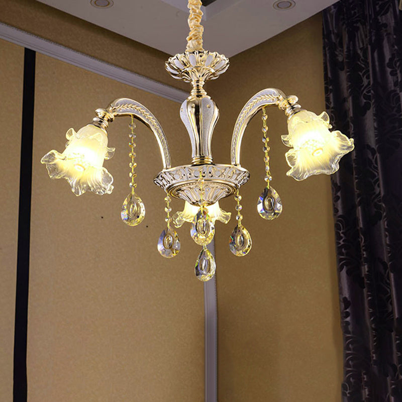 Gold 3/6-Light Ceiling Chandelier Traditional Crystal Stand Suspension Lighting with Floral Frosted Glass Shade Clearhalo 'Ceiling Lights' 'Chandeliers' Lighting' options 738010