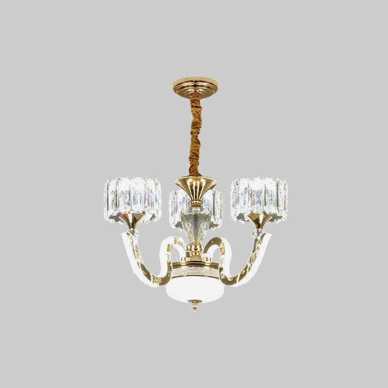 3/5 Lights Crystal Block Chandelier Light Modernism Gold Drum Living Room LED Hanging Ceiling Lamp Clearhalo 'Ceiling Lights' 'Chandeliers' 'Modern Chandeliers' 'Modern' Lighting' 738035
