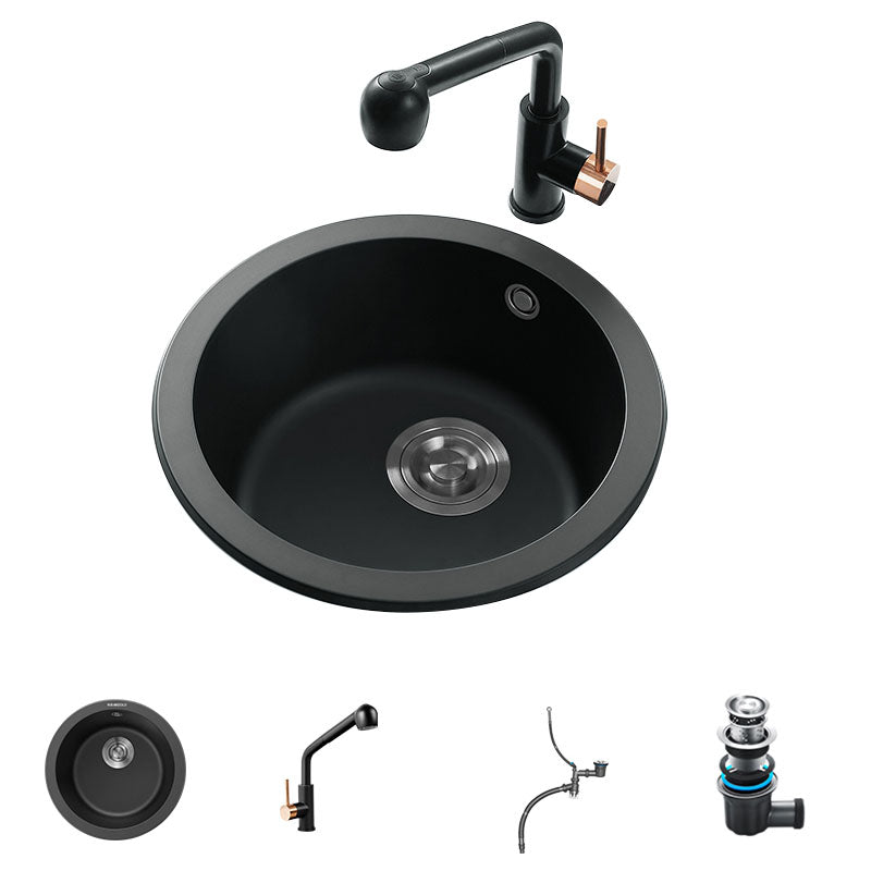 Quartz Kitchen Sink Round Single Basin Kitchen Sink with Drain Assembly Black Sink with Faucet Straight Pull-Out Faucet Clearhalo 'Home Improvement' 'home_improvement' 'home_improvement_kitchen_sinks' 'Kitchen Remodel & Kitchen Fixtures' 'Kitchen Sinks & Faucet Components' 'Kitchen Sinks' 'kitchen_sinks' 7380526