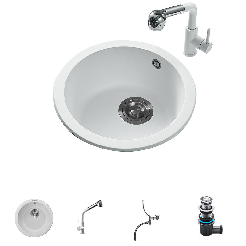 Quartz Kitchen Sink Round Single Basin Kitchen Sink with Drain Assembly White Sink with Faucet Straight Pull-Out Faucet Clearhalo 'Home Improvement' 'home_improvement' 'home_improvement_kitchen_sinks' 'Kitchen Remodel & Kitchen Fixtures' 'Kitchen Sinks & Faucet Components' 'Kitchen Sinks' 'kitchen_sinks' 7380528