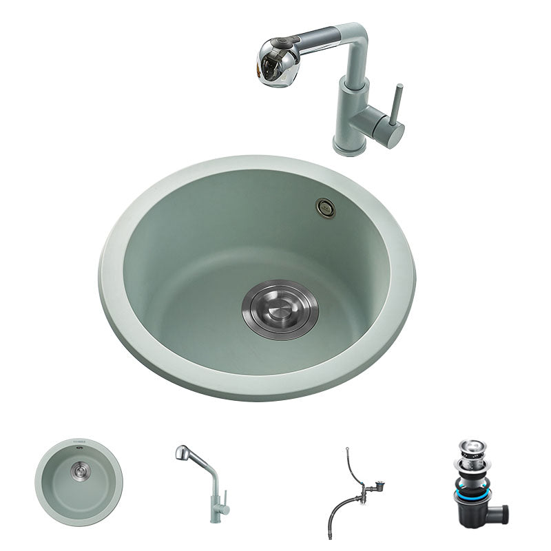Quartz Kitchen Sink Round Single Basin Kitchen Sink with Drain Assembly Cyan Sink with Faucet Straight Pull-Out Faucet Clearhalo 'Home Improvement' 'home_improvement' 'home_improvement_kitchen_sinks' 'Kitchen Remodel & Kitchen Fixtures' 'Kitchen Sinks & Faucet Components' 'Kitchen Sinks' 'kitchen_sinks' 7380530