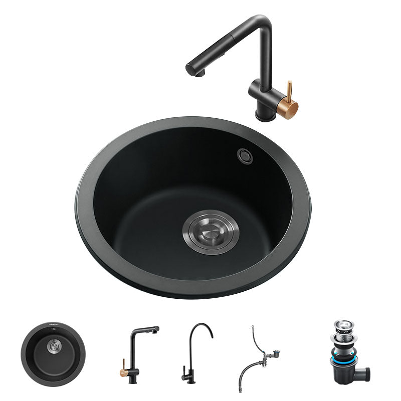 Quartz Kitchen Sink Round Single Basin Kitchen Sink with Drain Assembly Black Sink with Faucet Seven Character Pumping Double Tap for Water Purification Clearhalo 'Home Improvement' 'home_improvement' 'home_improvement_kitchen_sinks' 'Kitchen Remodel & Kitchen Fixtures' 'Kitchen Sinks & Faucet Components' 'Kitchen Sinks' 'kitchen_sinks' 7380533