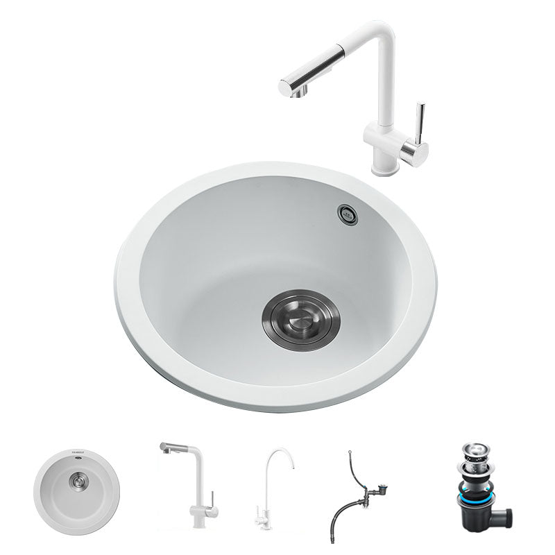 Quartz Kitchen Sink Round Single Basin Kitchen Sink with Drain Assembly White Sink with Faucet Seven Character Pumping Double Tap for Water Purification Clearhalo 'Home Improvement' 'home_improvement' 'home_improvement_kitchen_sinks' 'Kitchen Remodel & Kitchen Fixtures' 'Kitchen Sinks & Faucet Components' 'Kitchen Sinks' 'kitchen_sinks' 7380535