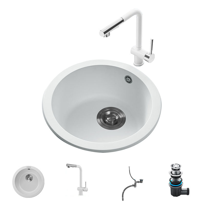 Quartz Kitchen Sink Round Single Basin Kitchen Sink with Drain Assembly White Sink with Faucet Seven Character Draw Faucet Clearhalo 'Home Improvement' 'home_improvement' 'home_improvement_kitchen_sinks' 'Kitchen Remodel & Kitchen Fixtures' 'Kitchen Sinks & Faucet Components' 'Kitchen Sinks' 'kitchen_sinks' 7380540