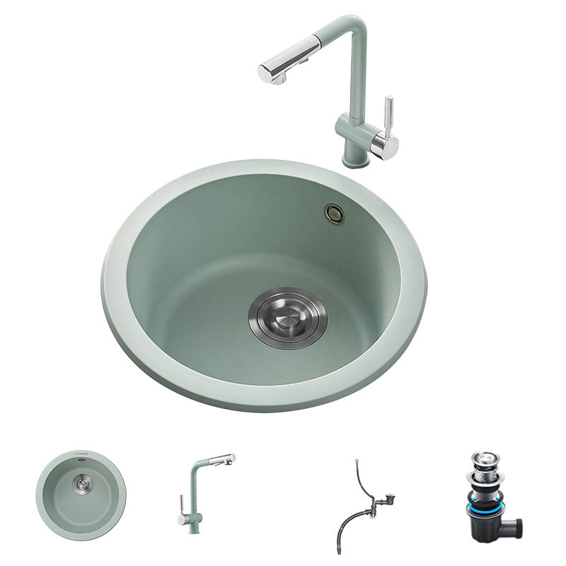 Quartz Kitchen Sink Round Single Basin Kitchen Sink with Drain Assembly Cyan Sink with Faucet Seven Character Draw Faucet Clearhalo 'Home Improvement' 'home_improvement' 'home_improvement_kitchen_sinks' 'Kitchen Remodel & Kitchen Fixtures' 'Kitchen Sinks & Faucet Components' 'Kitchen Sinks' 'kitchen_sinks' 7380541