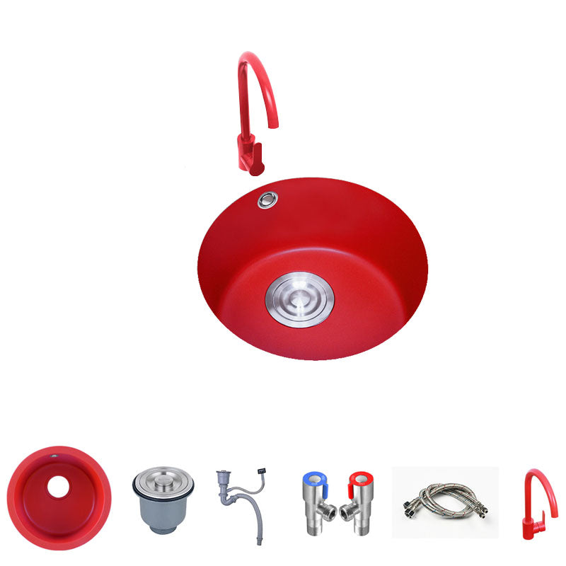 Quartz Kitchen Sink Single Bowl Red Round Kitchen Sink with Drain Assembly Sink with Faucet Round Faucet Clearhalo 'Home Improvement' 'home_improvement' 'home_improvement_kitchen_sinks' 'Kitchen Remodel & Kitchen Fixtures' 'Kitchen Sinks & Faucet Components' 'Kitchen Sinks' 'kitchen_sinks' 7380567