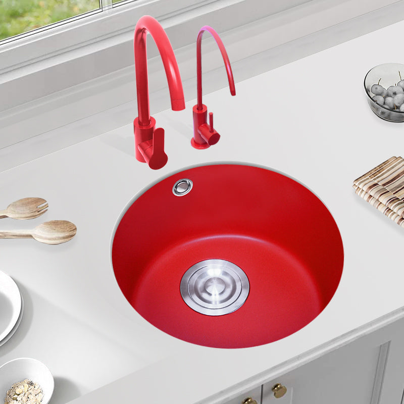 Quartz Kitchen Sink Single Bowl Red Round Kitchen Sink with Drain Assembly 14.2"L x 14.2"W x 7.5"H Sink with Faucet Round Double Tap for Water Purification Clearhalo 'Home Improvement' 'home_improvement' 'home_improvement_kitchen_sinks' 'Kitchen Remodel & Kitchen Fixtures' 'Kitchen Sinks & Faucet Components' 'Kitchen Sinks' 'kitchen_sinks' 7380568