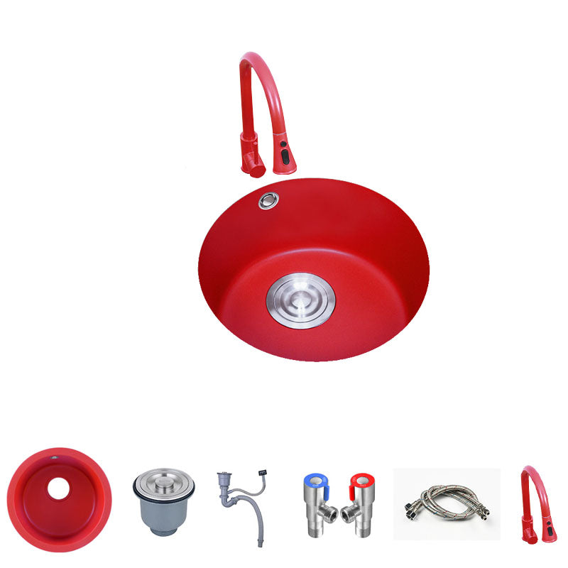 Quartz Kitchen Sink Single Bowl Red Round Kitchen Sink with Drain Assembly Sink with Faucet Pull Out Faucet Clearhalo 'Home Improvement' 'home_improvement' 'home_improvement_kitchen_sinks' 'Kitchen Remodel & Kitchen Fixtures' 'Kitchen Sinks & Faucet Components' 'Kitchen Sinks' 'kitchen_sinks' 7380570