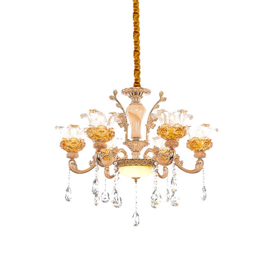 Flower Living Room Suspension Light Contemporary Clear Glass Crystal 6 Bulbs Rose Gold Chandelier Lamp Clearhalo 'Ceiling Lights' 'Chandeliers' Lighting' options 738065