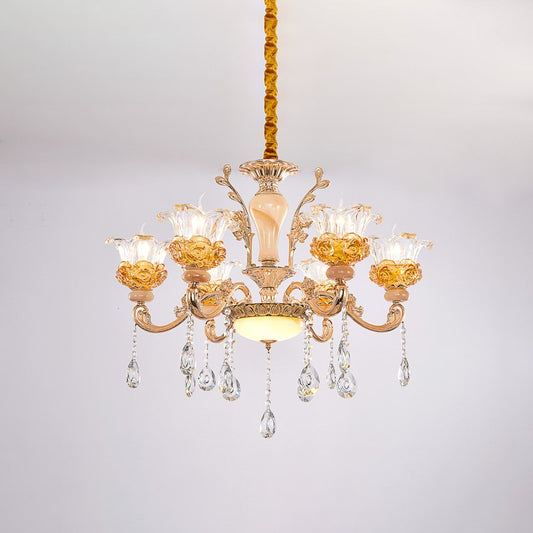Flower Living Room Suspension Light Contemporary Clear Glass Crystal 6 Bulbs Rose Gold Chandelier Lamp Clearhalo 'Ceiling Lights' 'Chandeliers' Lighting' options 738066