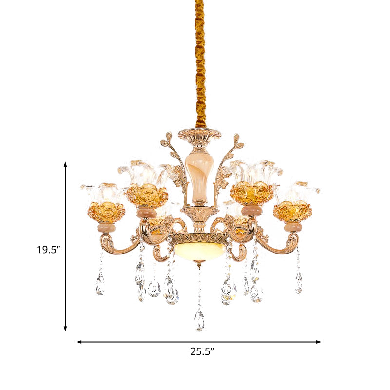Flower Living Room Suspension Light Contemporary Clear Glass Crystal 6 Bulbs Rose Gold Chandelier Lamp Clearhalo 'Ceiling Lights' 'Chandeliers' Lighting' options 738067