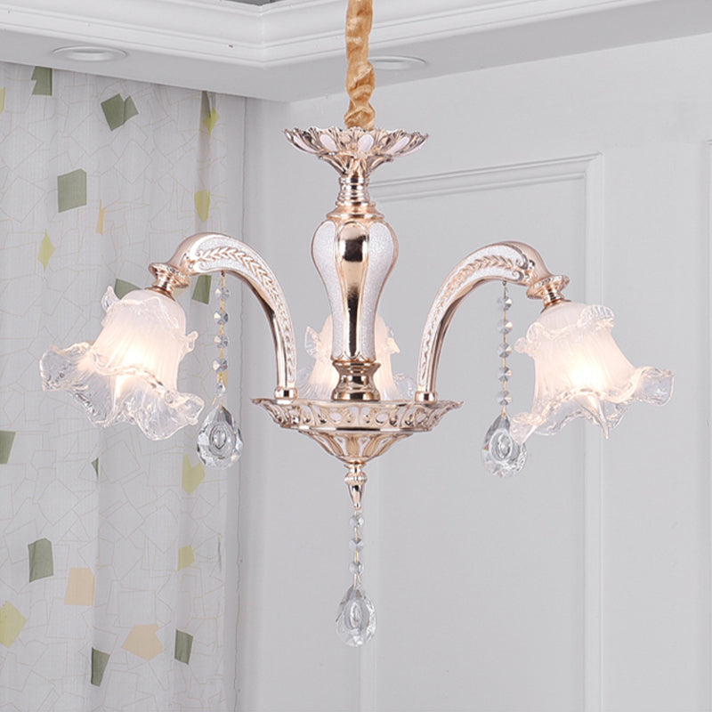 3/6 Heads Floral Ceiling Chandelier Traditional Gold Crystal Hanging Pendant Lamp for Bedroom Clearhalo 'Ceiling Lights' 'Chandeliers' Lighting' options 738073
