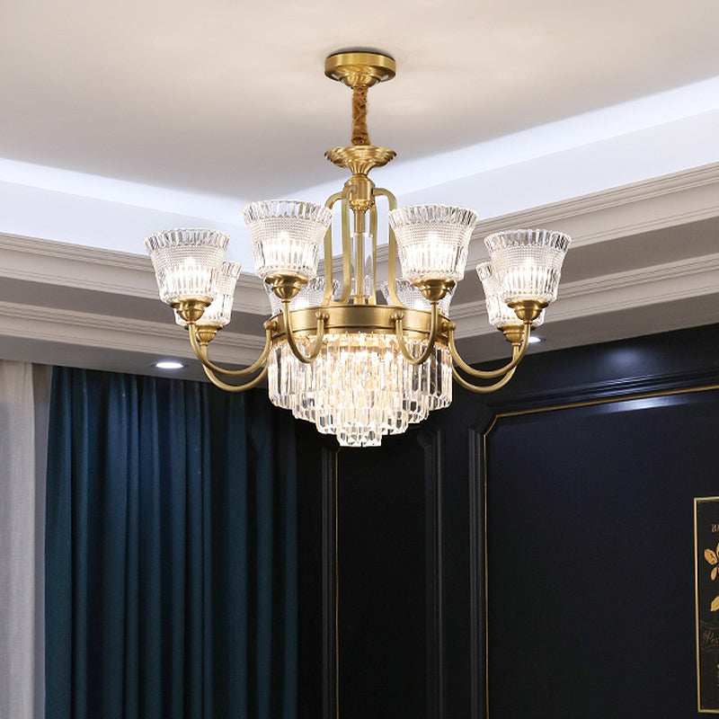 Bell Clear Glass Crystal Pendant Lamp Traditional 6/8-Head Living Room Up Chandelier Lighting in Brass 8 Brass Clearhalo 'Ceiling Lights' 'Chandeliers' Lighting' options 738085_d683e3a9-0992-4d4e-b544-23b1045d5123