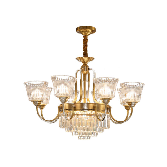 Bell Clear Glass Crystal Pendant Lamp Traditional 6/8-Head Living Room Up Chandelier Lighting in Brass Clearhalo 'Ceiling Lights' 'Chandeliers' Lighting' options 738086