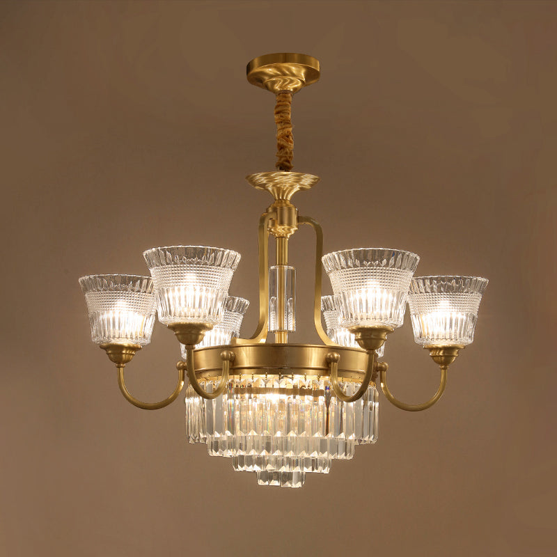 Bell Clear Glass Crystal Pendant Lamp Traditional 6/8-Head Living Room Up Chandelier Lighting in Brass 6 Brass Clearhalo 'Ceiling Lights' 'Chandeliers' Lighting' options 738089_04e46b93-011e-43d3-b4e8-805020dc3243