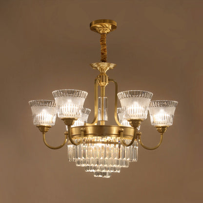 Bell Clear Glass Crystal Pendant Lamp Traditional 6/8-Head Living Room Up Chandelier Lighting in Brass 6 Brass Clearhalo 'Ceiling Lights' 'Chandeliers' Lighting' options 738089_04e46b93-011e-43d3-b4e8-805020dc3243