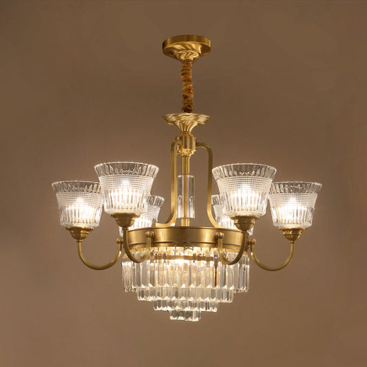 Bell Clear Glass Crystal Pendant Lamp Traditional 6/8-Head Living Room Up Chandelier Lighting in Brass Clearhalo 'Ceiling Lights' 'Chandeliers' Lighting' options 738089
