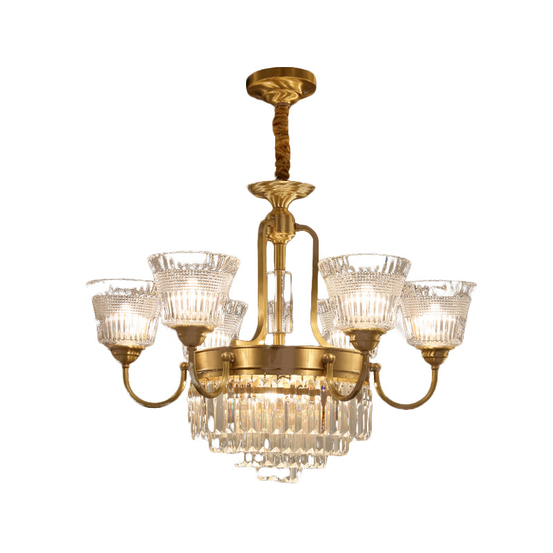 Bell Clear Glass Crystal Pendant Lamp Traditional 6/8-Head Living Room Up Chandelier Lighting in Brass Clearhalo 'Ceiling Lights' 'Chandeliers' Lighting' options 738090