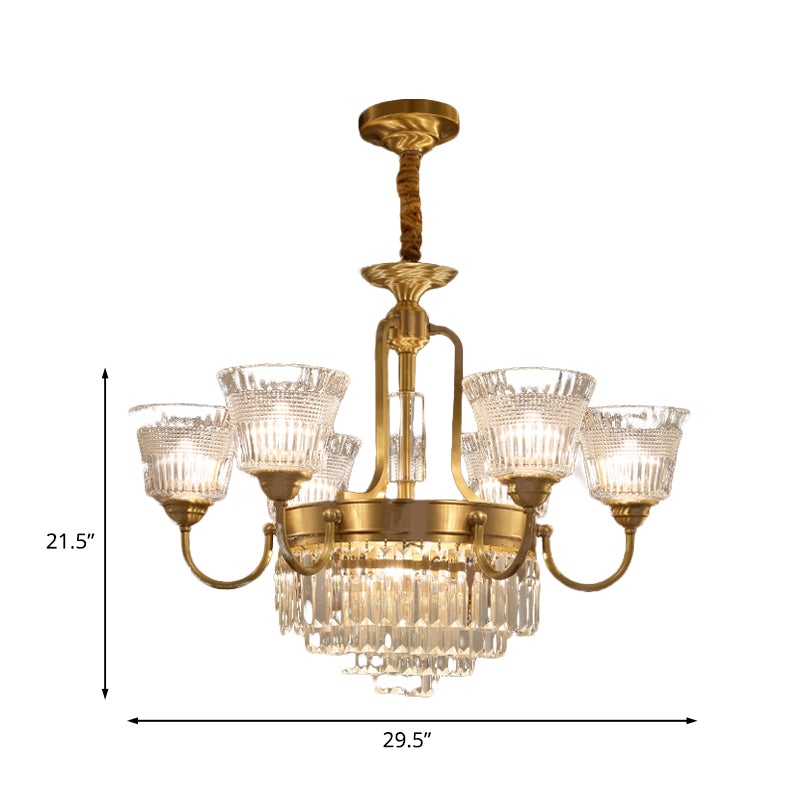 Bell Clear Glass Crystal Pendant Lamp Traditional 6/8-Head Living Room Up Chandelier Lighting in Brass Clearhalo 'Ceiling Lights' 'Chandeliers' Lighting' options 738091