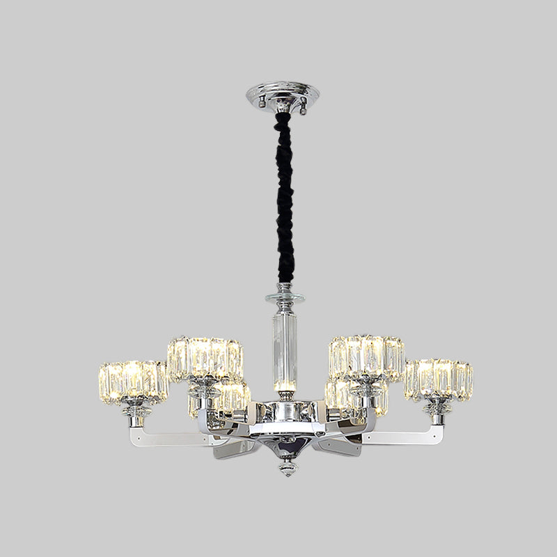 Chrome 3/6-Head Chandelier Lighting Traditional Crystal Block Drum Ceiling Suspension Lamp Clearhalo 'Ceiling Lights' 'Chandeliers' 'Clear' 'Industrial' 'Modern Chandeliers' 'Modern' 'Tiffany' 'Traditional Chandeliers' Lighting' 738115