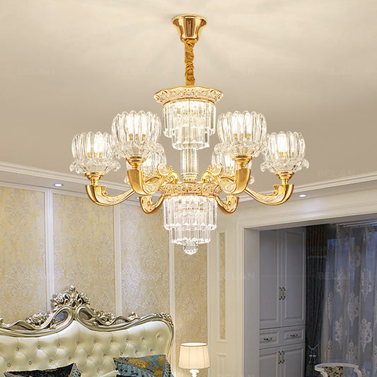 Gold Lotus Suspension Light Contemporary Crystal Rectangle 6/8 Bulbs Living Room Hanging Chandelier 6 Gold Clearhalo 'Ceiling Lights' 'Chandeliers' 'Modern Chandeliers' 'Modern' Lighting' 738122
