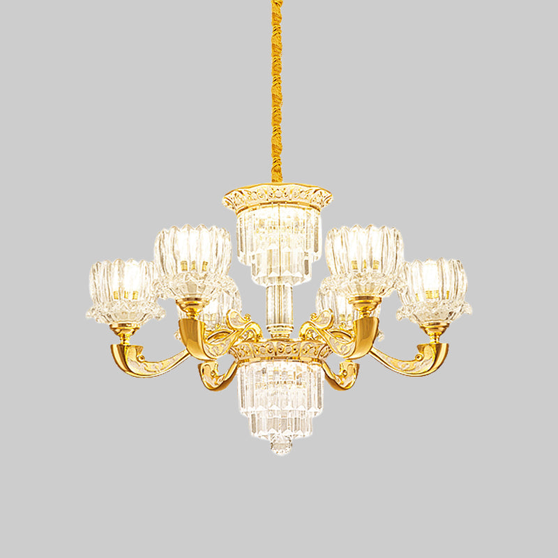 Gold Lotus Suspension Light Contemporary Crystal Rectangle 6/8 Bulbs Living Room Hanging Chandelier Clearhalo 'Ceiling Lights' 'Chandeliers' 'Modern Chandeliers' 'Modern' Lighting' 738124