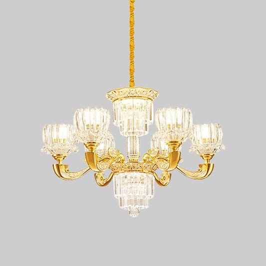 Gold Lotus Suspension Light Contemporary Crystal Rectangle 6/8 Bulbs Living Room Hanging Chandelier Clearhalo 'Ceiling Lights' 'Chandeliers' 'Modern Chandeliers' 'Modern' Lighting' 738124